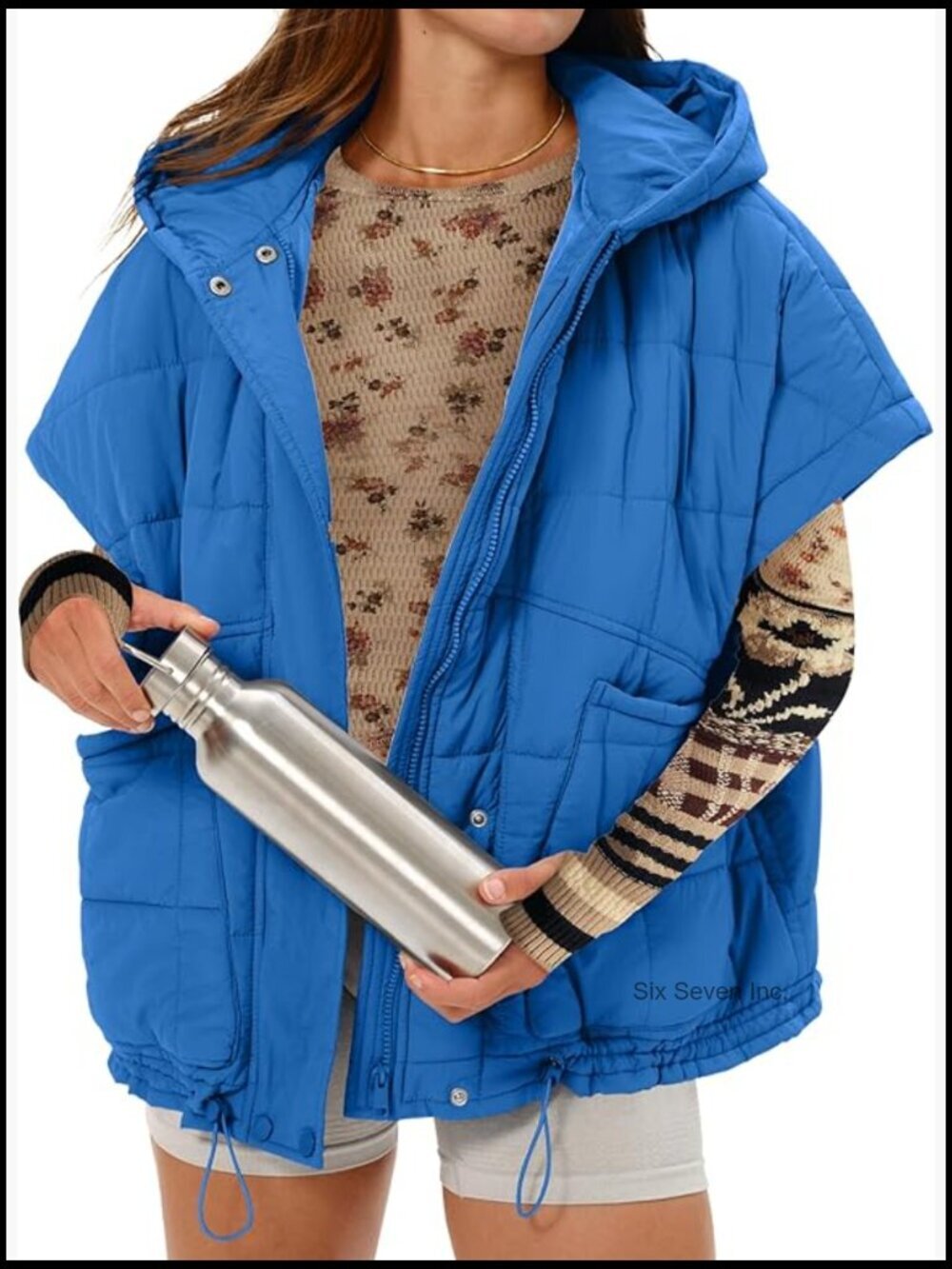 Oversized Stand Collar Cap Sleeve Puffer Vest Hooded Button Zip Up